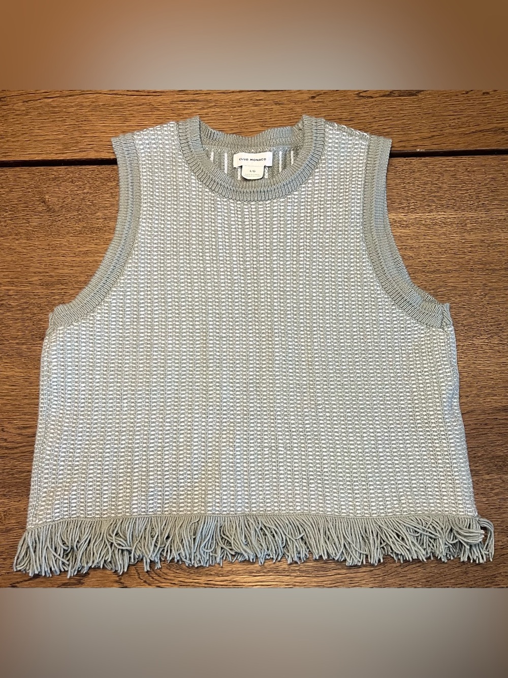 Club Monaco Sweater Vest Fringe Hem Textured Knit Sage Ivory Women’s Large